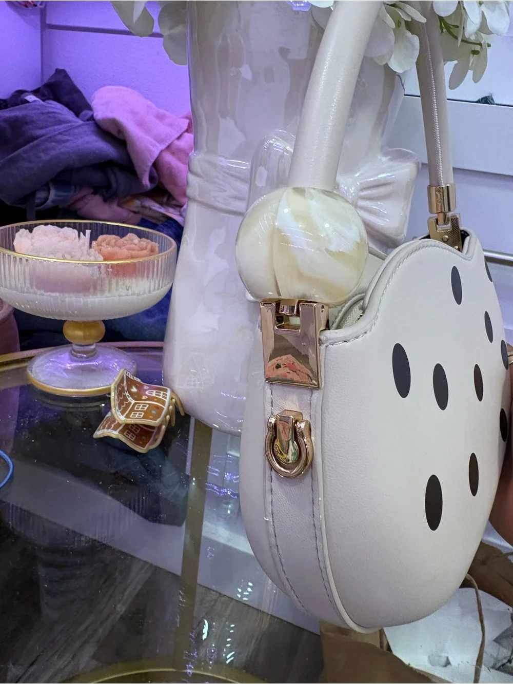 White Polka Dot Top-Handle Women’s Bag